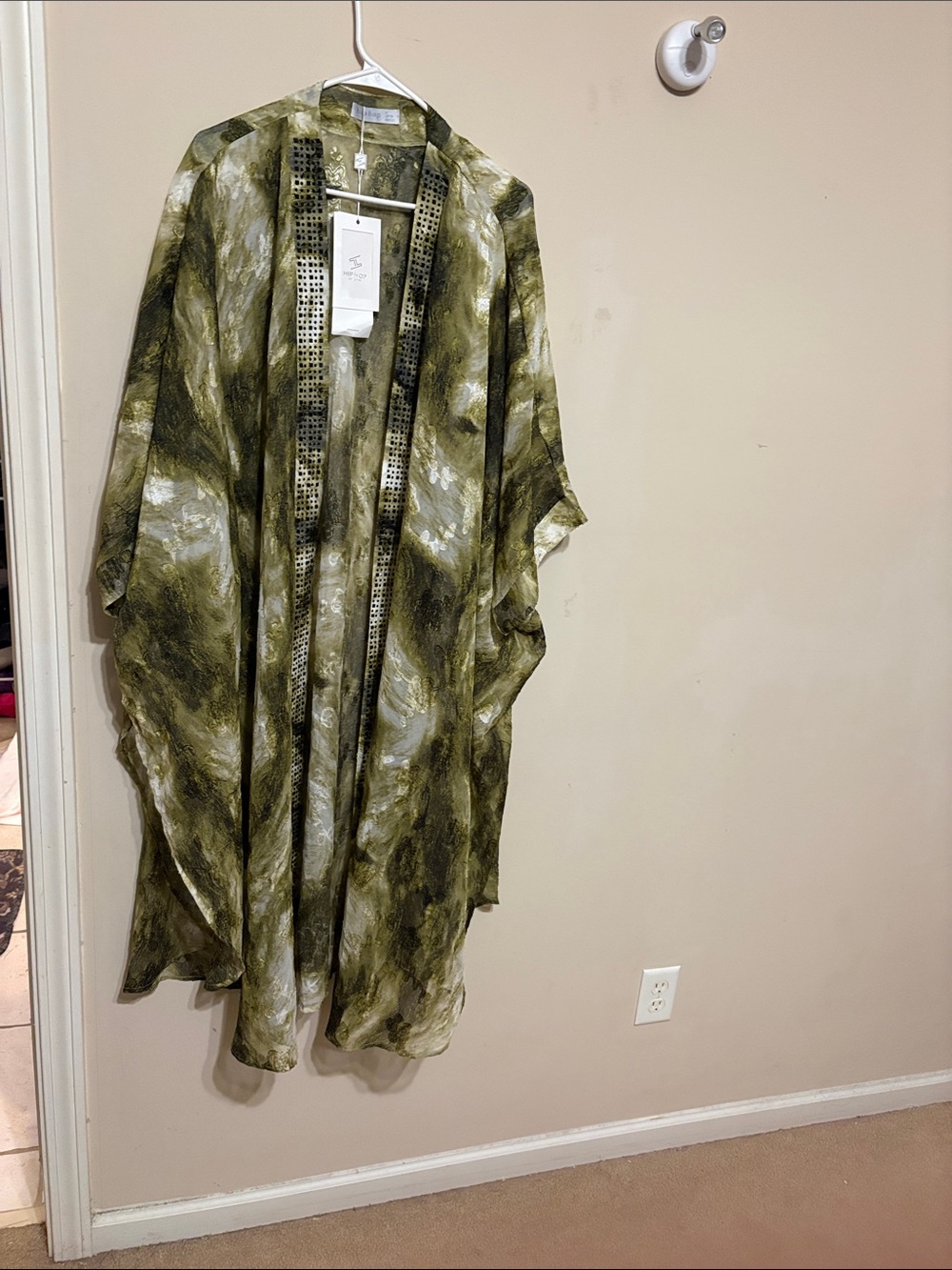 Lightweight Olive Green Sheer Kimono with Embellished Trim